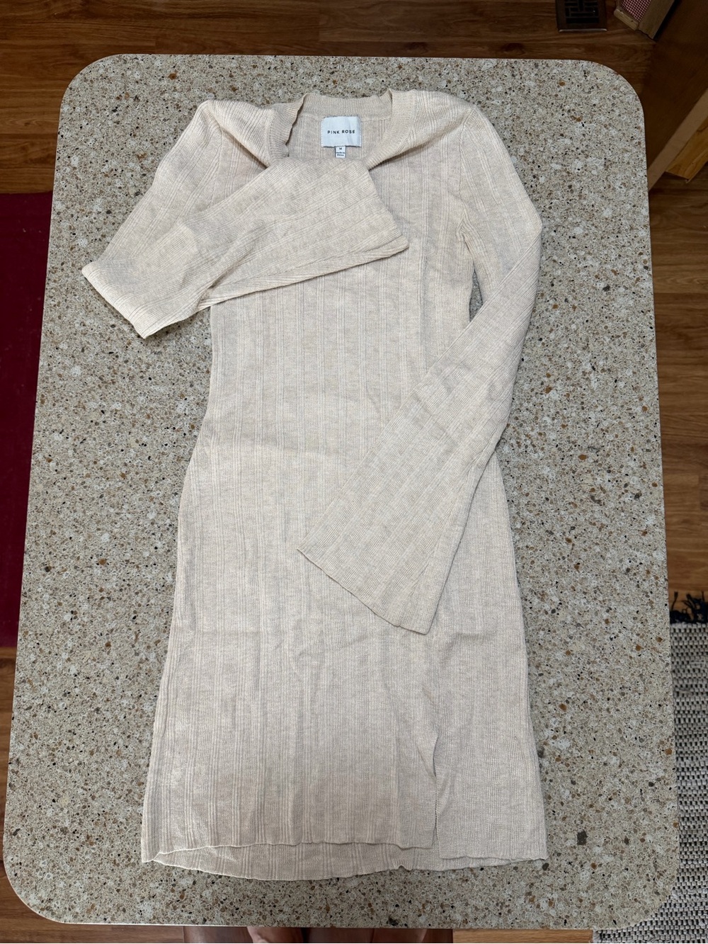 Pink Rose Cream Ribbed Long Sleeve Midi Dress